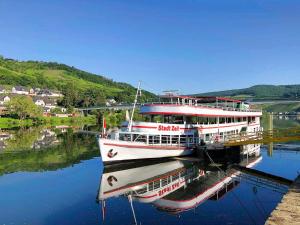 a boat is docked at a dock in the water at Ferienhaus MaLu in Bremm in Bremm