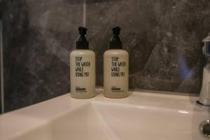 two shampoo bottles sitting on top of a bathroom sink at Boho Stil Wohnung mit Flussblick nahe Stadtzentrum in Koblenz +21 photos