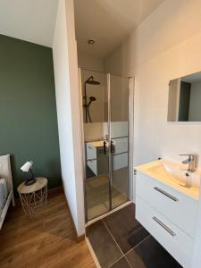 Kúpeľňa v ubytovaní Chez Oma I 1 appartement indépendant OPI I 3 chambres privatives avec salle d eau et salon commun cuisine commune WC commun patio commun