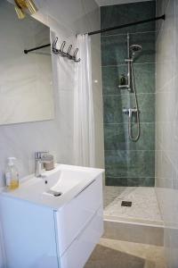 a bathroom with a white sink and a shower at Green Home in La Roche-Guyon