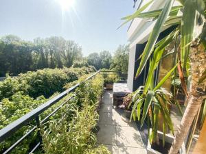 a balcony of a house with plants on it at L'Olympique: appartement cosy, vue canal grande terrasse et parking in Vaires-sur-Marne