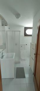 een witte badkamer met een wastafel en een raam bij Loft Pineto centro 067035CVP0114 in Pineto
