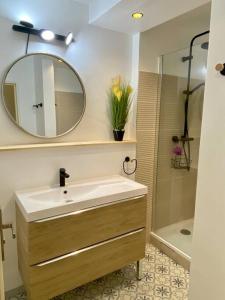 y baño con lavabo, espejo y ducha. en Magnifique T3 rénové, 15min à pied CV, pkg privé, en Aix-en-Provence