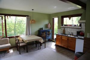 a kitchen with a table and a kitchen with green walls at Huisje Vogelsand in 't Horntje