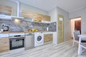 - une cuisine avec lave-linge et sèche-linge dans la chambre dans l'établissement Apartament w Górach Wałbrzyskich, à Boguszów-Gorce