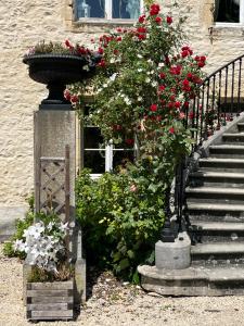 un escalier avec des fleurs rouges et blanches à côté d'un bâtiment dans l'établissement Chateau Du Four De Vaux, à Varennes-Vauzelles