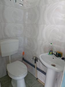 a bathroom with a white toilet and a sink at Logerthine Josy Suriname in Paramaribo