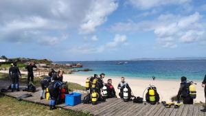 un grupo de personas de pie en la playa en Casa da Rosa en Arcozelo