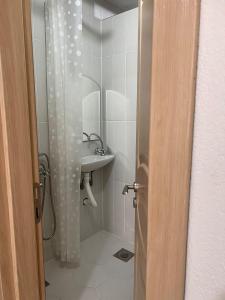 y baño con cortina de ducha y lavamanos. en Aleksija i Atanasija, en Bečići