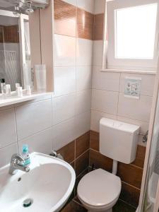 een badkamer met een wastafel, een toilet en een raam bij Sunny apartment Nada 2+1 #1 Tisno in Tisno