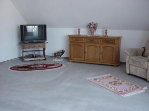 a living room with a tv and a couch and rugs at Ferienwohnung Beroma in Winsen