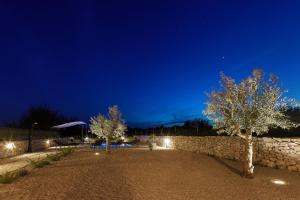 a stone wall and two trees at night at Villa Niko Your vacation starts here in Rudine
