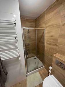 a small bathroom with a shower and a toilet at Apartament Letnica in Gdańsk