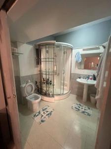 a bathroom with a shower and a toilet and a sink at Beachfront Villa Darbouazza in Dar Bouazza