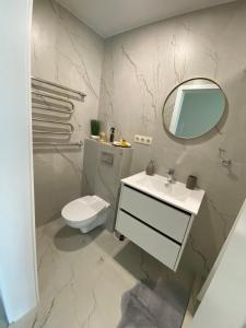 a bathroom with a toilet and a sink and a mirror at Baltic Avenue in Klaipėda