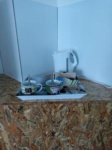 a sink with two cups on a plate next to a sink at Zimmer "Türkis" in Lahr-Dinglingen