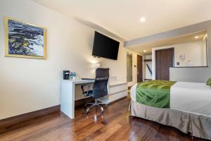 a hotel room with a bed and a desk with a computer at Quality Inn Chihuahua San Francisco in Chihuahua