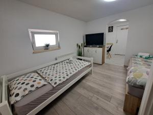 Dormitorio con cama, escritorio y TV en Koča Martuljek, en Gozd Martuljek