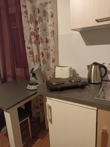 a kitchen with a counter top with a tea kettle at Zimmer "Beere" in Lahr-Dinglingen