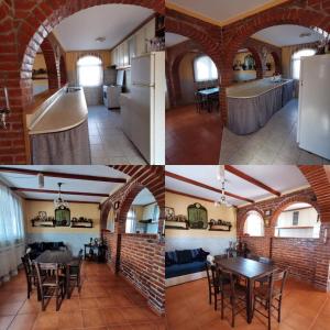 a series of four pictures of a kitchen and a dining room at Vila Soleil in Smederevo