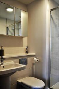 a bathroom with a toilet and a sink and a mirror at Forth View- stylish upper apartment with sea views in Anstruther