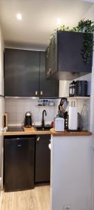 a kitchen with black cabinets and a white refrigerator at Studio en RDC - Quai de Garonne - Capitole - Wifi in Toulouse