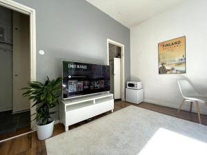 a living room with a flat screen tv and a plant at Studio The Vibe / 25min to airpt & 5min to center in Helsinki