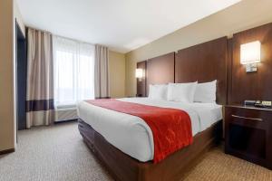 Una habitación de hotel con una cama grande con una manta roja. en Comfort Suites & Conference Center, en Worthington 26 fotos más