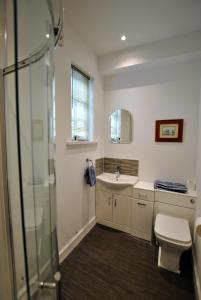y baño con ducha, lavabo y aseo. en Market Apartment- harbourfront studio Pittenweem, en Pittenweem