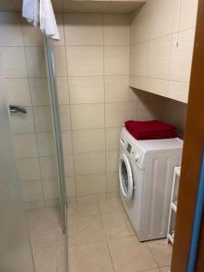 una lavatrice e asciugatrice in un piccolo bagno di Pokoje Kochanowskiego a Sopot