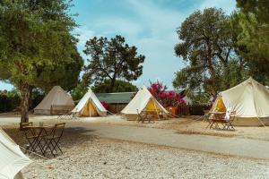 eine Gruppe von Zelten mit Tischen, Stühlen und Bäumen in der Unterkunft Kampaoh Marbella in Marbella