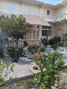 a garden in front of a house with flowers at Giulias beach house in Theologos