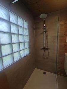 a bathroom with a shower and a window at bois de biron - gîte - vakantiehuis - chalet in Érezée +27 photos