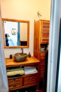 a bathroom with a sink and a mirror at Bel appartement 4 personnes en front de mer in Lacanau +8 photos