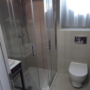 ein Bad mit einer Dusche und einem WC in der Unterkunft Szent Gellért Hotel in Székesfehérvár