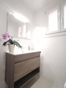 ein Badezimmer mit einem Waschbecken und einer Topfpflanze in der Unterkunft Appartamento due passi dal mare in Fort Village