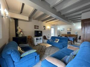 a large living room with blue couches and a living room at Maison etxebarnia cote in Mendive