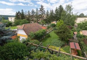 an aerial view of a garden with a house at Charming two bedrooms apartment in Sighişoara