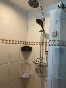 een douche met een douchekop in de badkamer bij B&B Erve Möskert in Geesteren