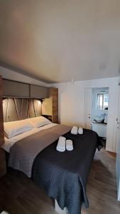 比奧格勒納莫魯的住宿－Mobile Home Sole，一间卧室配有一张大床和两条毛巾