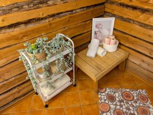 a room with a table and a cart with plants at Merela guest house in Võsu centre in Võsu