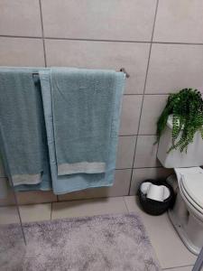 a bathroom with blue towels and a toilet and a rug at Hide Away on 21 in Mossel Bay