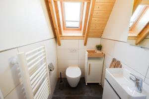 a small bathroom with a toilet and a sink at MP23 - Strandvogt 3 Komfort in Dorum Neufeld