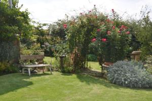 a garden with a bench and roses at Goedgeleë Self Catering in Fouriesburg