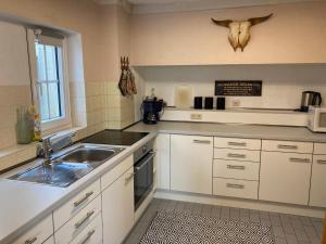 a kitchen with white cabinets and a sink and a skull on the wall at Haus Vaquero - Rancho el Rosal in Bad Mergentheim