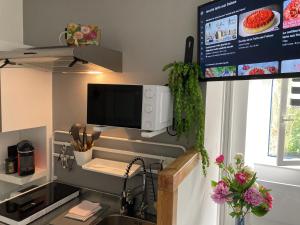 uma cozinha com um lavatório e uma televisão na parede em Studio Le Flore - Petit déjeuner inclus 1ère nuit - AUX 4 LOGIS em Foix