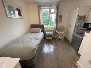 倫敦的住宿－Letzi Private En-Suite Near Wembley，一间卧室配有一张床、一张书桌和一个窗户。