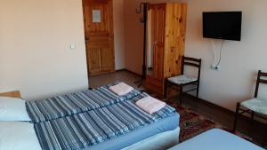 a bedroom with two beds and a flat screen tv at Guest House Garbevi in Dobrinishte