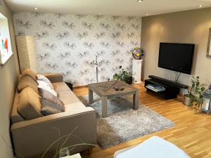 sala de estar con sofá y TV de pantalla plana en Nice holiday home in Skappevik with sea view en Bergkvara