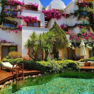 un edificio con una piscina de agua delante en Munahan, en Bodrum City